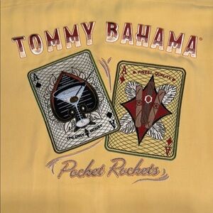 Tommy Bahama Size L “Pocket Rockets” Yellow Casual Button Down Silk Camp Shirt